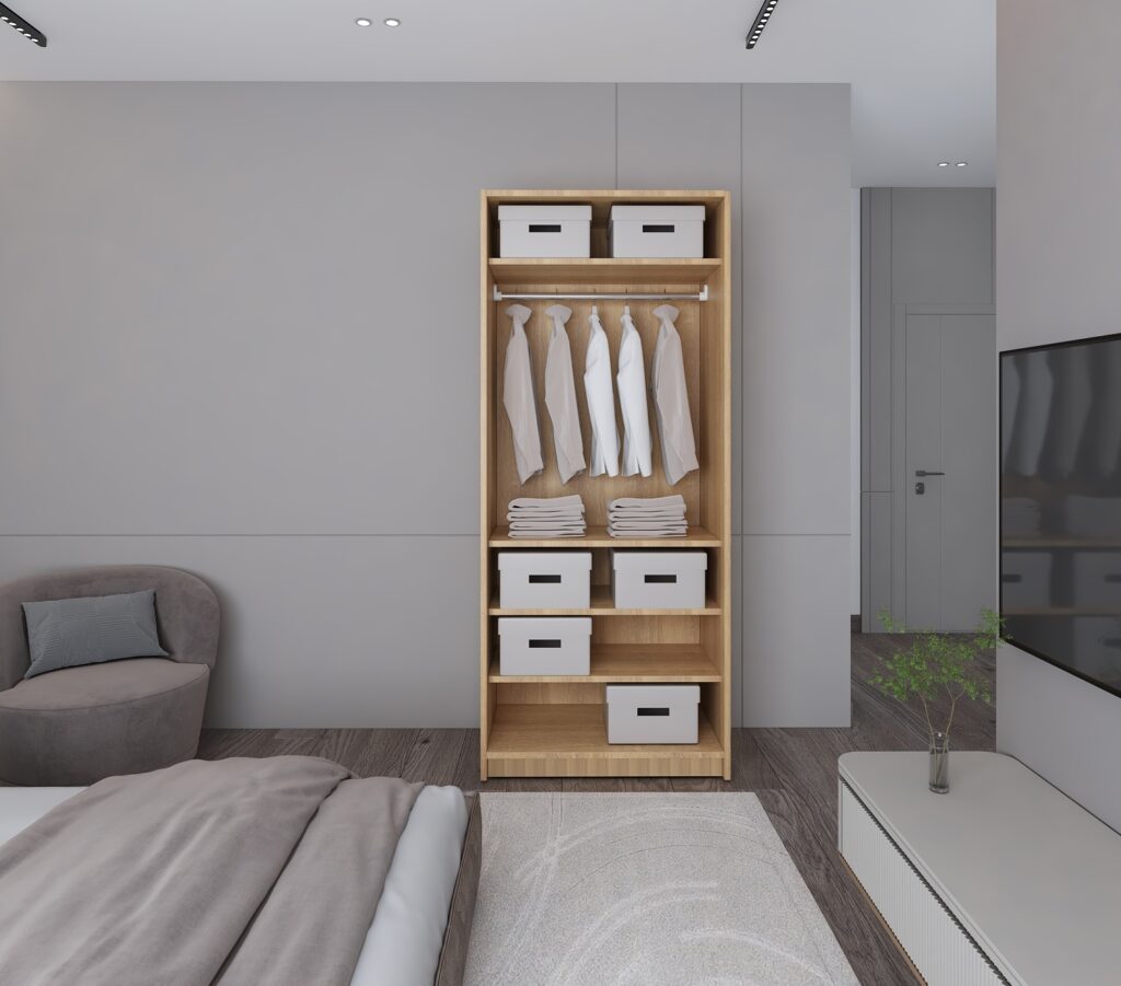 closet with short hunger bar and shelfs